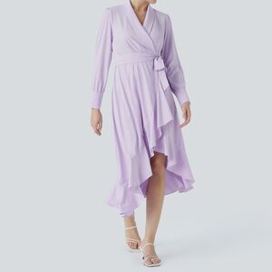 NWT HALARA Purple Long Sleeve Tiered Ruffle Hem Wrap Dress Small “Breezeful”